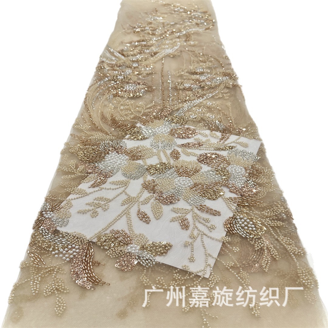 Encaje bordado con motivos florales, tela con bordado elaborado, lentejuelas, bordado con cuentas tubulares, vestido de novia, qipao, tela de malla de encaje.