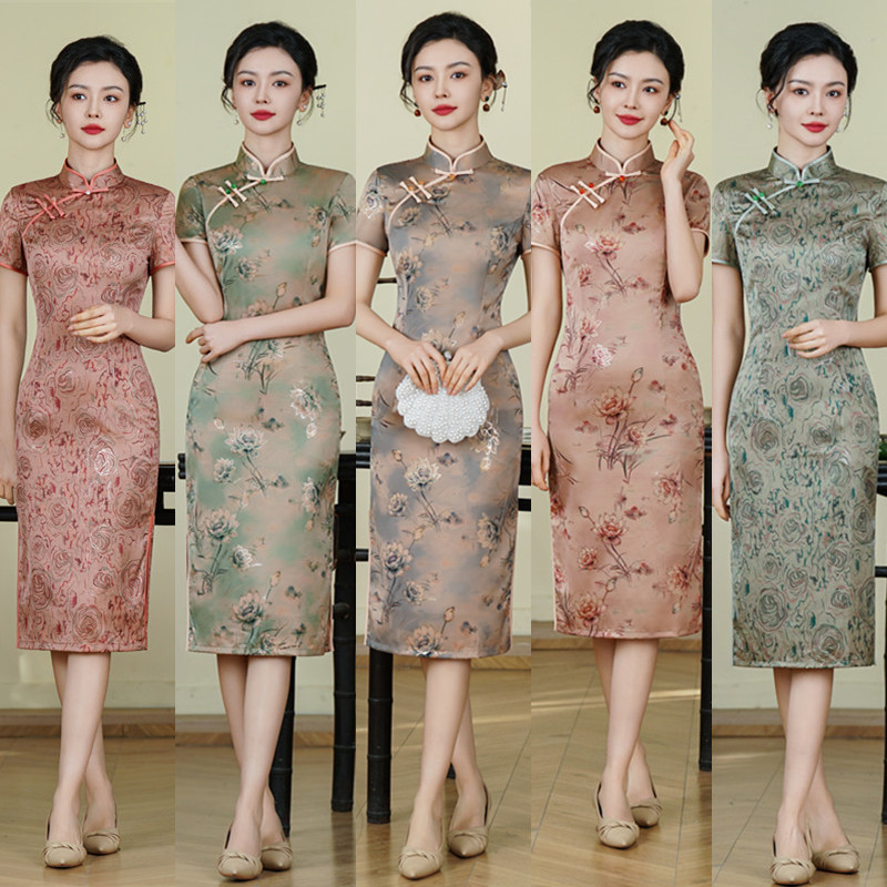 Minxuan Summer 2025 New Mid-length Silk Imitation Daily Cheongsam Retro Slim-fit Xiangyun Yarn Cheongsam Mother's Dress Minxuan Summer 2025 New Mid-length Silk Imitation Daily Cheongsam Retro Slim-fit Xiangyun Yarn Cheongsam Mother's Dress