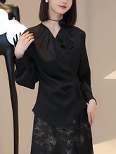 新中式国风黑色衬衫女春季2024新款时尚大码气质显瘦V领绑带上衣