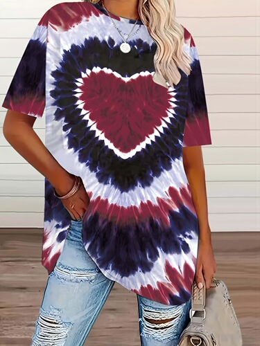 2026 new large size women's tie-dyed love printed T-shirt, spring and summer casual short-sleeved top
