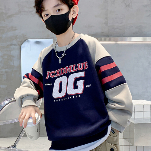 Spring and Autumn Trendy Children's Sweatshirt Thin Boys Letter Printed Loose Casual Sweatshirt for Medium and Large Children Round Neck Pullover Long Sleeve T