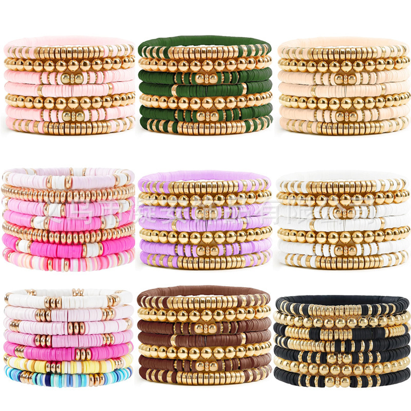 Amazon Hot Selling European and American Cross-border Bohemian Style Bracelet Set Color Soft Ceramic Gold Round Bead Bracelet