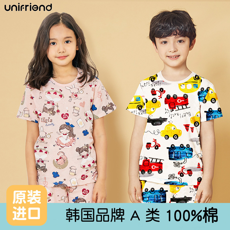 unifriend2023 Summer New Children's Pajamas Short-sleeved Set Boys and Girls Baby Home Clothes Cotton Cartoon