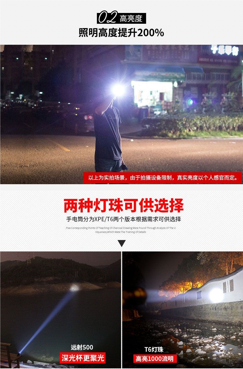 T6 flashlight, strong light, rechargeable, outdoor long-range, ultra-bright, household LED light, hand lamp, searchlight, ultra-long battery life