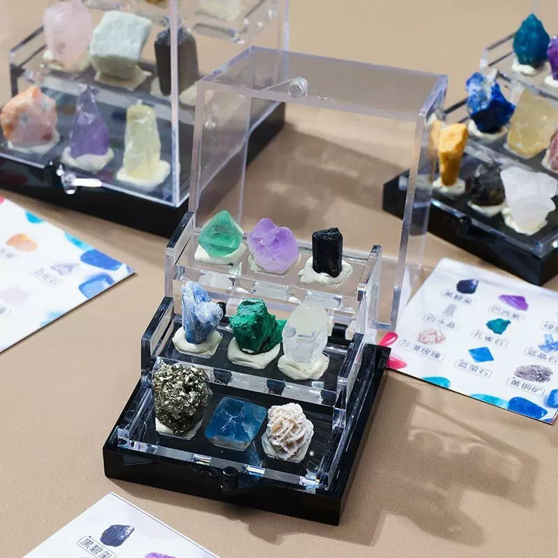 跨境圣诞节 天然水晶原石 矿石标本认知套盒原矿科普教学礼物摆件