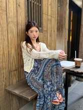 海边度假风套装女镂空针织开衫外套早春复古印花吊带连衣裙两件套