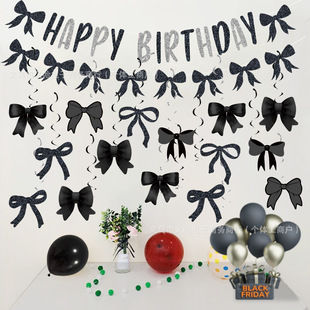 Black Bow Flag Birthday Party Layout Decoration Girl Happy Birthday Flag Banner Scene Layout