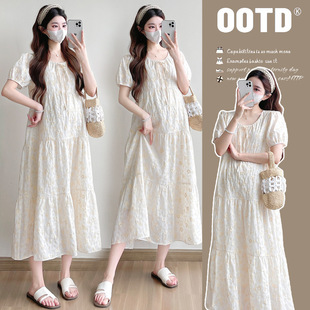 Maternity 2025 Summer New Korean Sweet Embroidered Lace Mid-length Loose plus size Pregnant Women dress