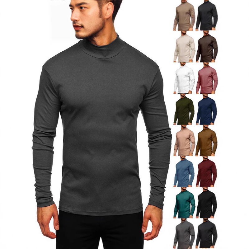 European and American men's autumn and winter thickened warm high collar long sleeve T-shirt foreign trade men's base shirt German velvet half high collar men's