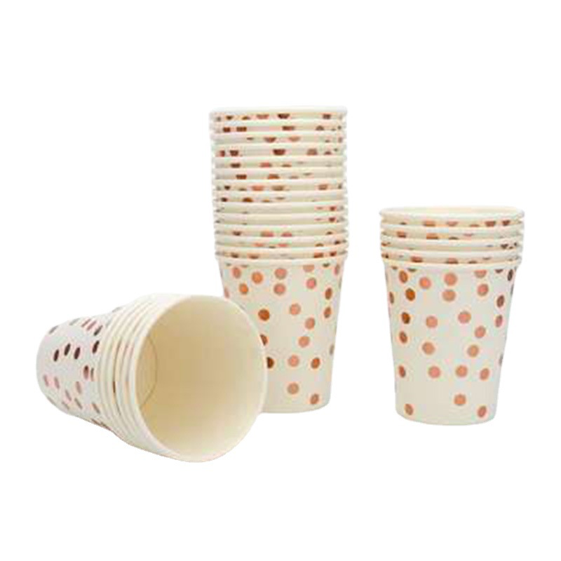 Hot Rose Gold dot desechable degradable plato de papel taza de papel cuchillo, tenedor y cuchara vajilla traje hotel restaurante comida occidental suministros