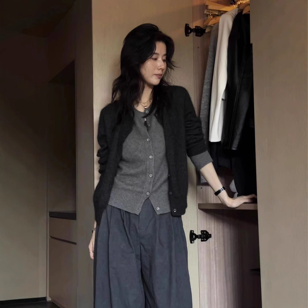 100 메리노 울 카디건 여성 가을과 겨울 그레이 가짜 투피스 니트웨어 고급 올드 머니 윈드 스웨터 코트