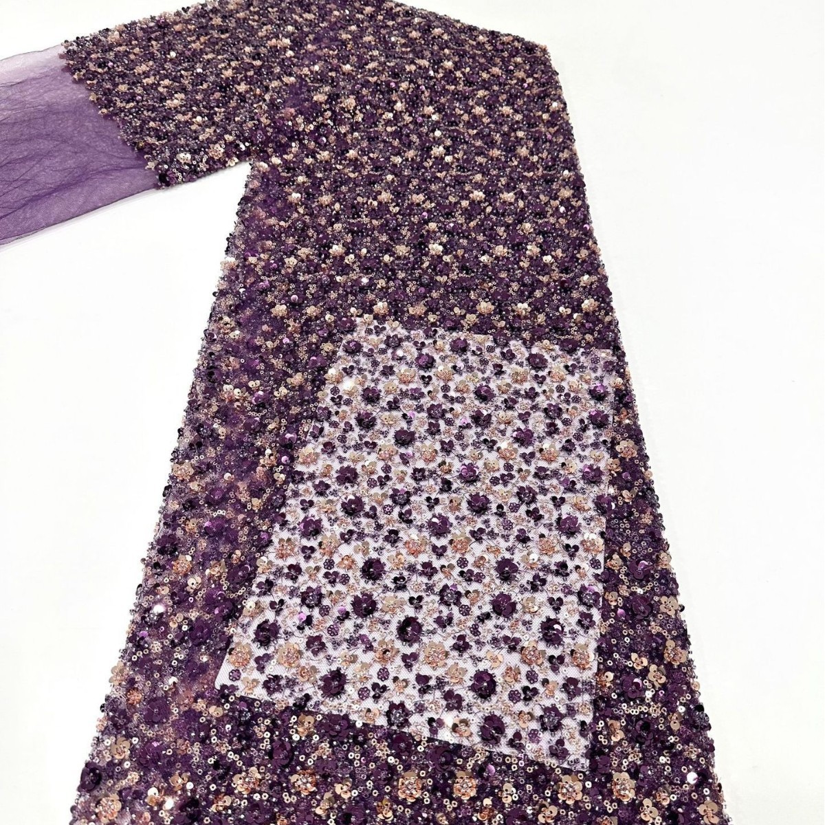Fábrica de stock de doble color sequinilla pequeña flor de ciruela cuentas bordada tela de encaje vestido de boda moda sequinilla tela bordada