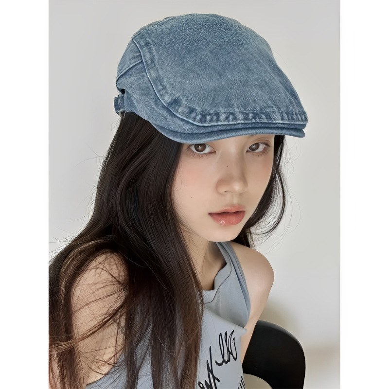 复古牛仔前进帽女春秋百搭反戴鸭舌贝雷帽大头围夏季英伦报童帽子|undefined