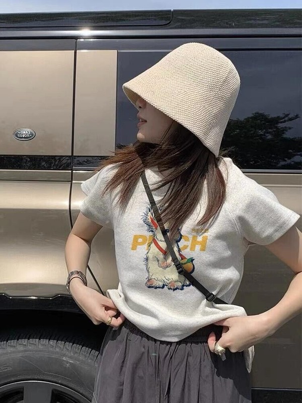 半袖レディースTシャツかわいいプリント夏の新しいトップデザインラグランスリーブホットガールショートラウンドネックトップイン|undefined