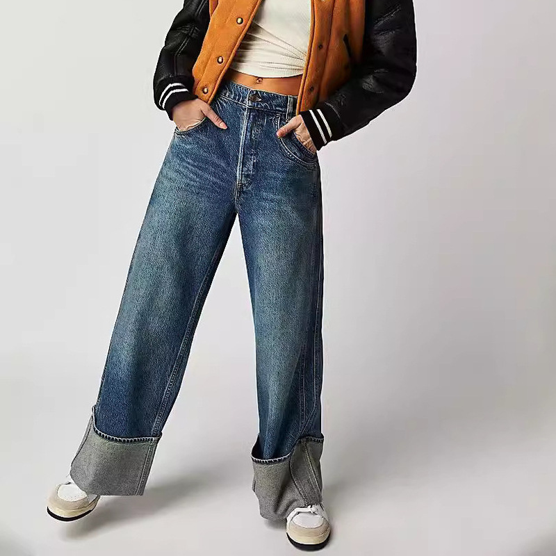 European and American Style New Retro Washed Mid-Waist Slimming Rolled Hem Loose Versatile Straight-Leg Women's Jeans European and American Style New Retro Washed Mid-Waist Slimming Rolled Hem Loose Versatile Straight-Leg Women's Jeans
