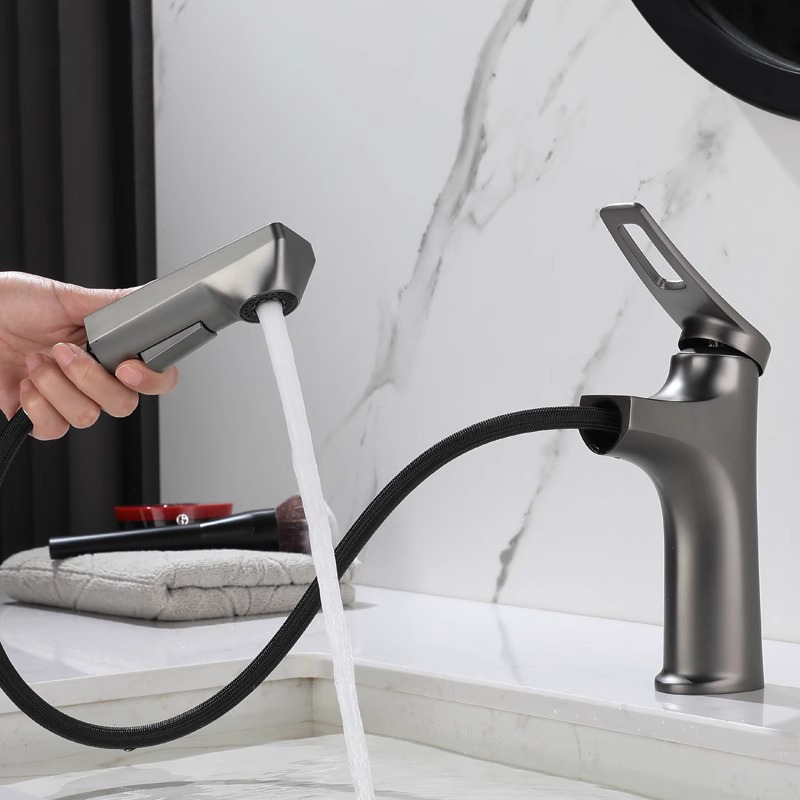 Pistola de cobre Grifo gris Lavabo extraíble Todo cobre Grifo telescópico plateado frío y caliente multifuncional Aguja de un solo orificio
