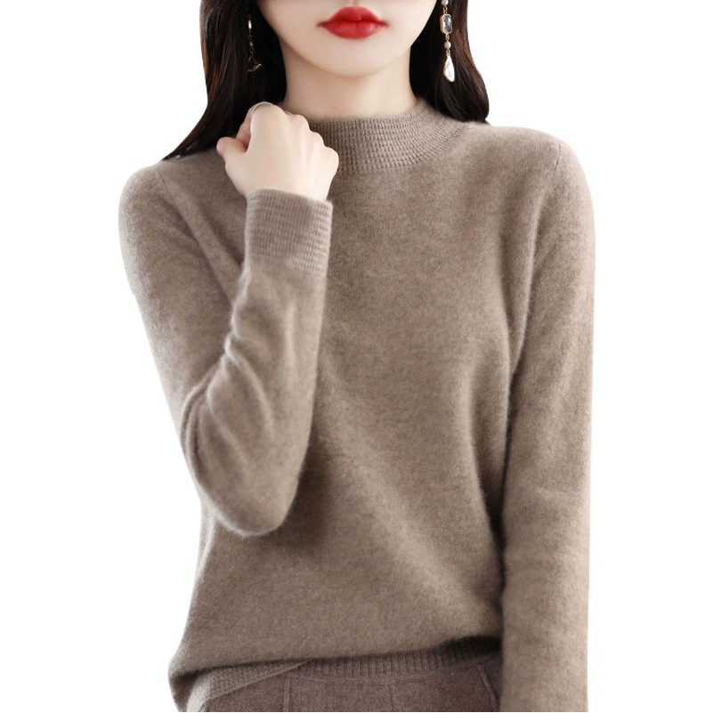 100% шерстяной бесшовный осенне-зимний новый укороченный женский свитер с полувысоким воротником, однотонный, свободного кроя, базовый трикотаж