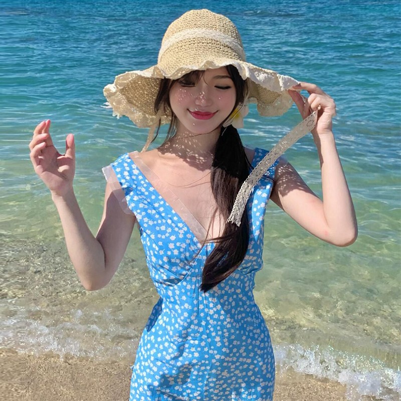ティーブレイクフレンチフローラルVネックノースリーブドレス女性用夏の海辺の休暇気質Aラインユニークで美しい小さなスカート|undefined