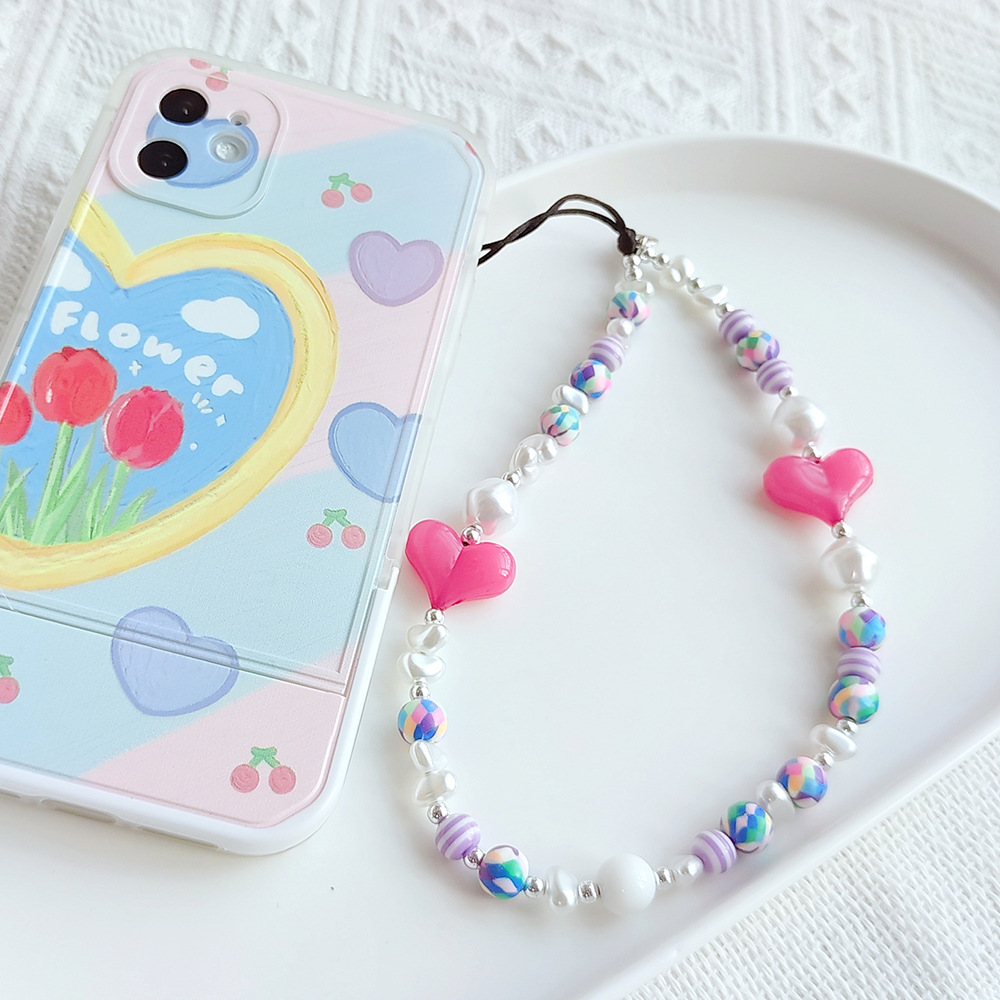 Stringting Pu Caiying Same Style Ins Style Special-shaped Imitation Pearl Love Handmade Beaded Anti-lost Mobile Phone Charm Women display picture 30