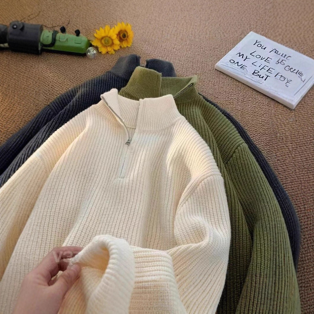 Half Turtleneck Zipper Pullover Knitwear Men's Autumn and Winter Hong Kong Style Retro Lazy Top Japanese Style Versatile Couple Knitwear