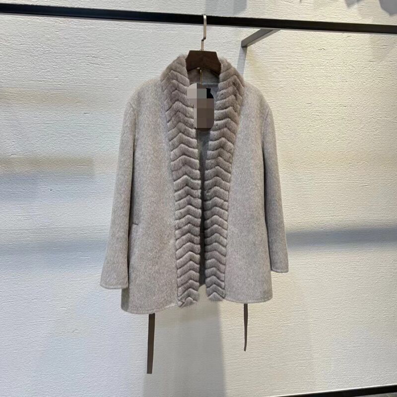 2024 autumn and winter double-sided cashmere high-end coat mink wool placket lace long l-style lady coat