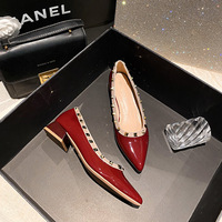 Single shoe women's 2024 new  rivet shoes pointed toe shallow mouth thick heel black Liuding commuting women's shoes