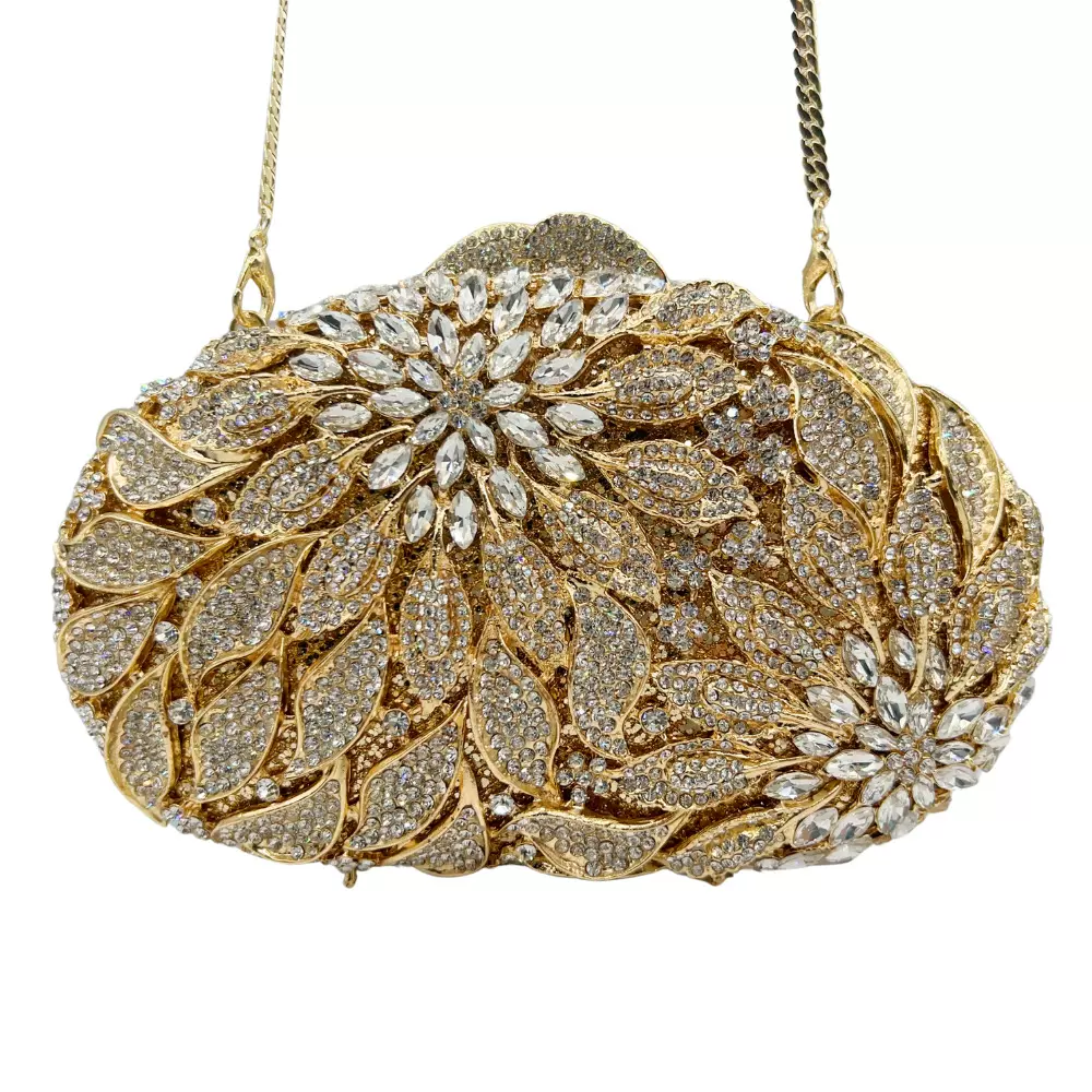 Clutch bag叶子花镶钻晚宴包外贸宴会手拿女包镂空金属硬盒钻石包