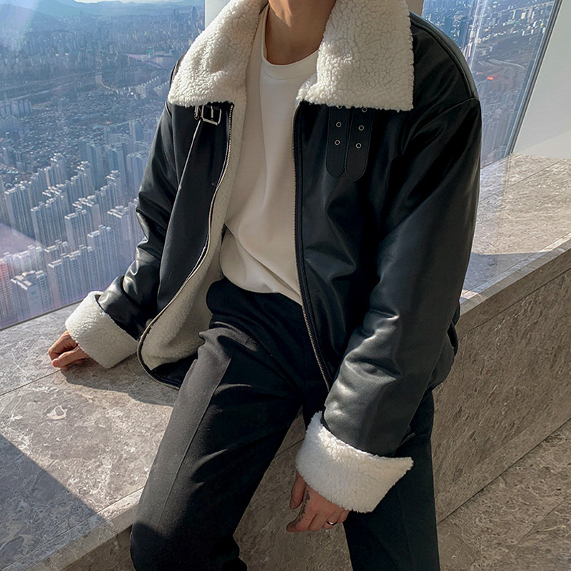 [Clearance] Korean style lamb fur leather motorcycle coat winter thickened fleece-lined cotton-padded coat fur leather jacket