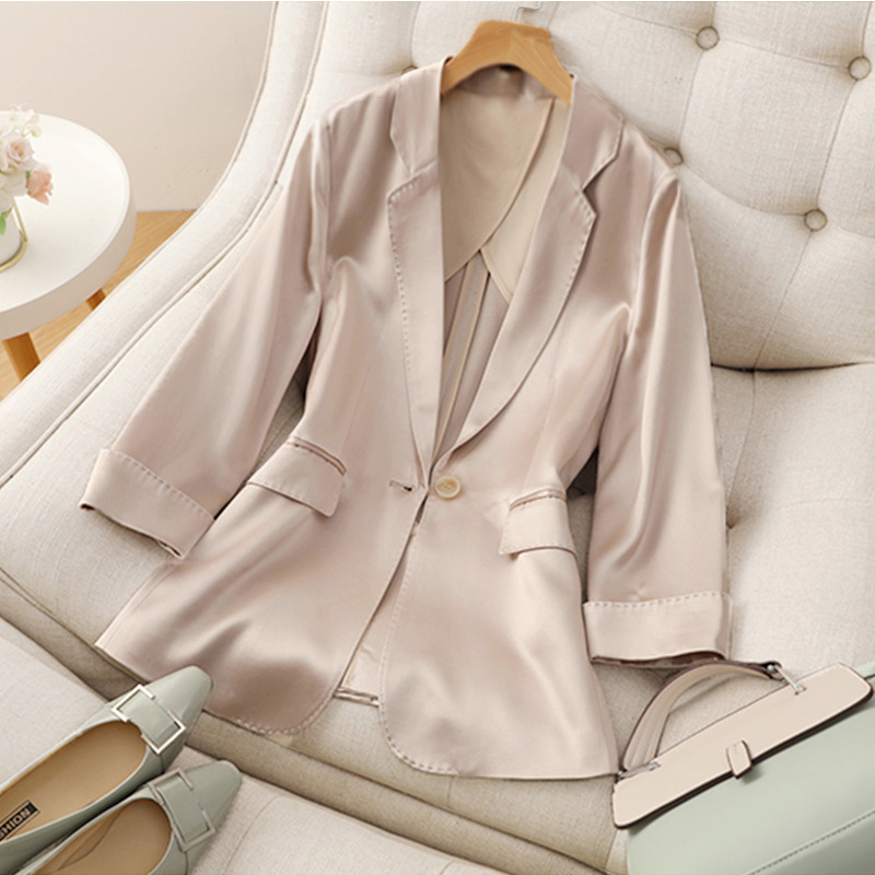 Spot New Top Suit Champagne Color Draping Gloss Acetic Acid Slim-fit Slimming Suit Jacket Women's Summer