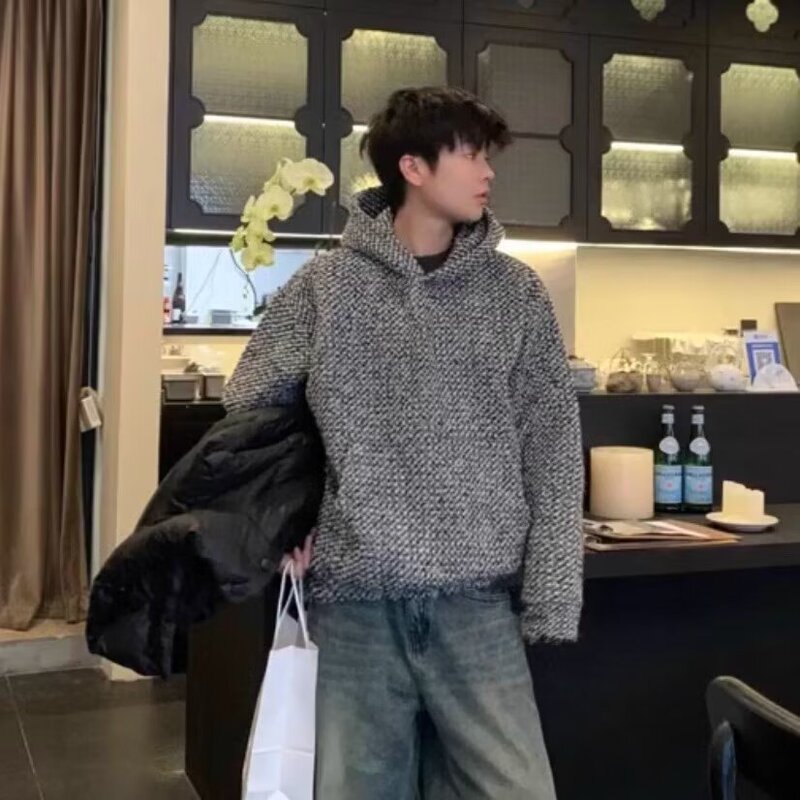 Spring and Autumn New Tweed Woven Heavy Hooded Sweatshirt Men's High-end Sense Loose Pullover All-match Casual Top Spring and Autumn New Tweed Woven Heavy Hooded Sweatshirt Men's High-end Sense Loose Pullover All-match Casual Top