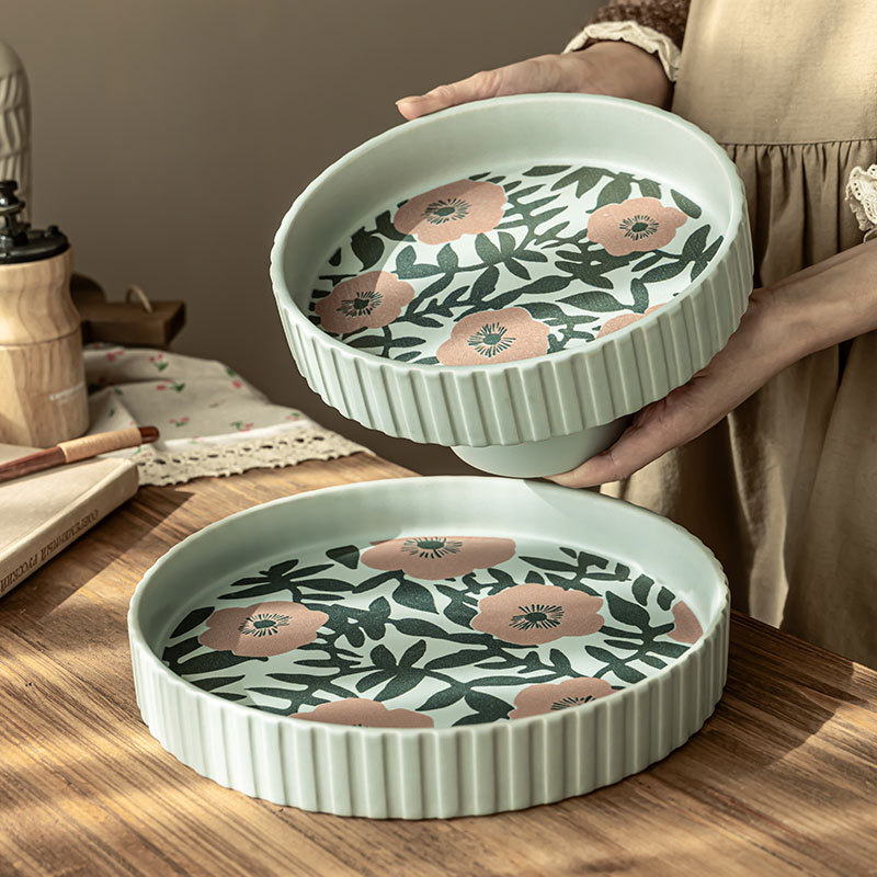 Flores de alto valor, plato de frutas de cerámica, plato casero, plato de frutas de Año Nuevo, plato de bocadillos, plato creativo de pies altos, platos de cubiertos