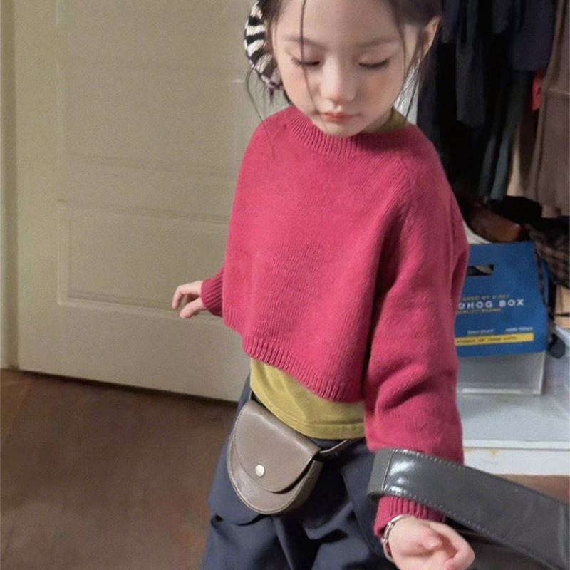 2025女童韩版秋季针织短款毛衣纯色打底衣宽松休闲阔腿裤三件套潮|undefined