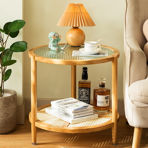 Round coffee table tea table living room home tea table light luxury modern small apartment solid wood balcony bedroom sitting glass