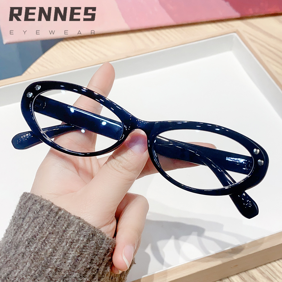 Nuevo marco ovalado retro transfronterizo, estampado de amor, espejo plano anti-luz azul sin maquillaje, gafas de marco de miopía para estudiantes