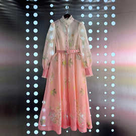 法式绝美茶歇长裙2025秋冬新款小立领印花绑带收腰显瘦连衣裙女式