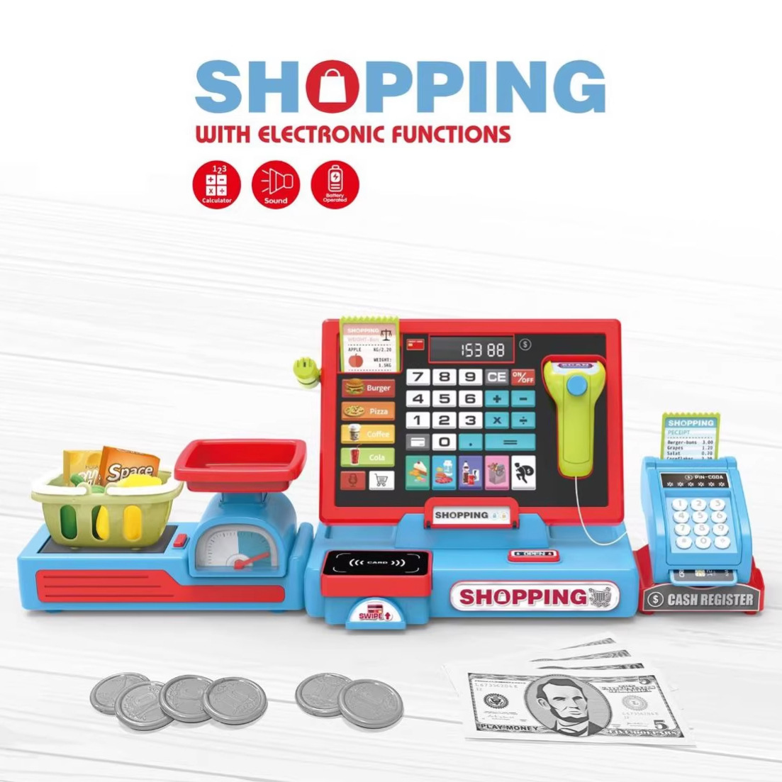 Supermercado infantil transfronterizo caja registradora de compras venta de frutas y verduras computadora POS tarjeta deslizante caja registradora juguetes caseros