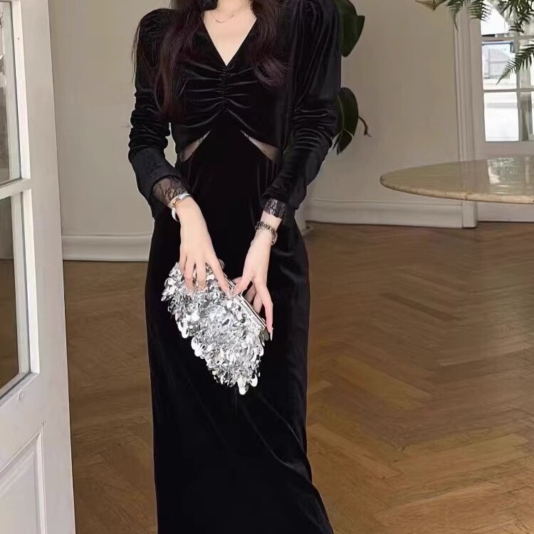 欧美跨境亚马逊黑色长袖金丝绒连衣裙v领网纱露腰包臀开叉中长裙|undefined