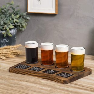 Beer Flight Board Sampler Set with 4 Tasting Beer Glasses Brown Wooden Tray and Blackboard Labels