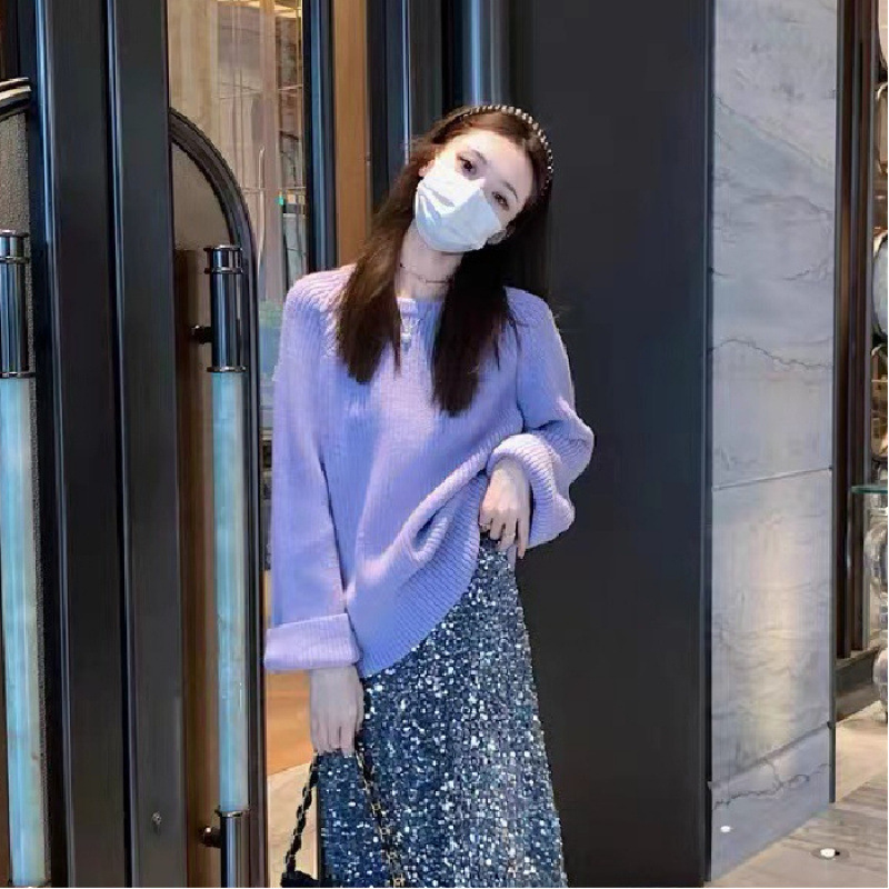 韓国ニットセーター女性の秋と冬の新しいソフトワックス状ソリッドカラープルオーバーラージセーター女性のラウンドネックルーズ痩身トップ|undefined
