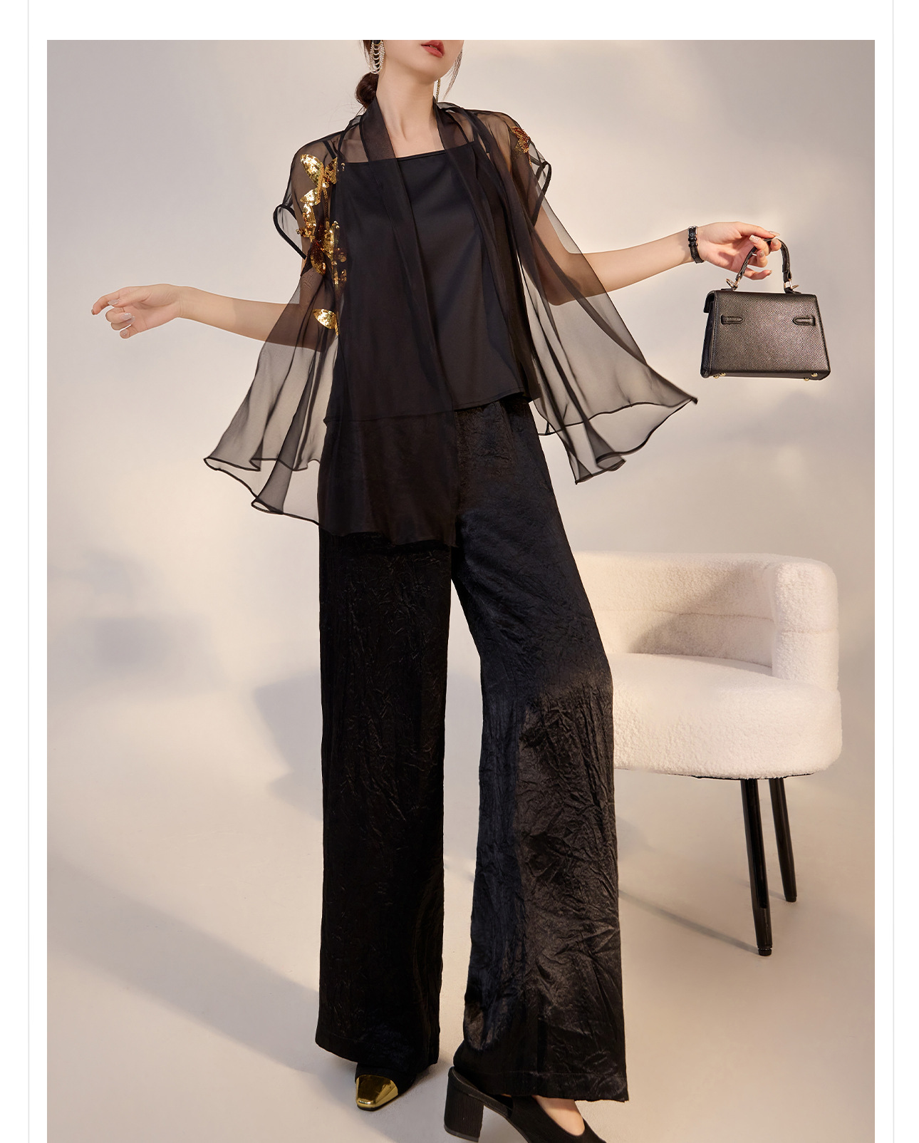 Áo khoác lưới thêu sequin lụa tơ tằm ngắn tay, dáng ôm, phong cách retro nghệ thuật M3084 — Màu đen chi tiết 8