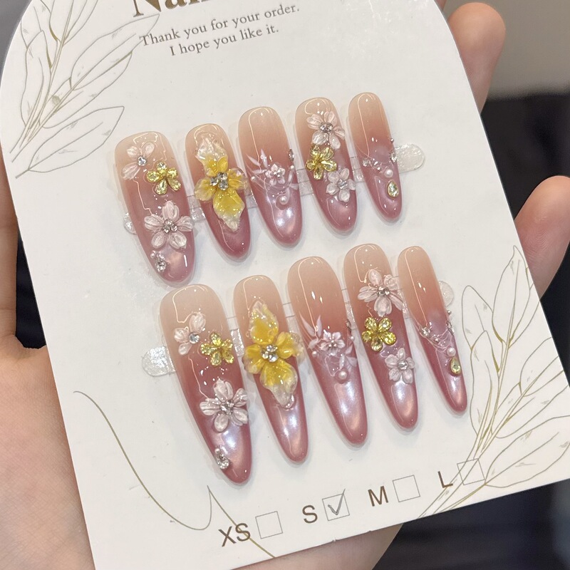 【Sakura Sweet Tea】Purely Handmade Wearable Nail Art, Exquisite Cat-Eye Gradient 3D Carved Nail Stickers, Fake Nails