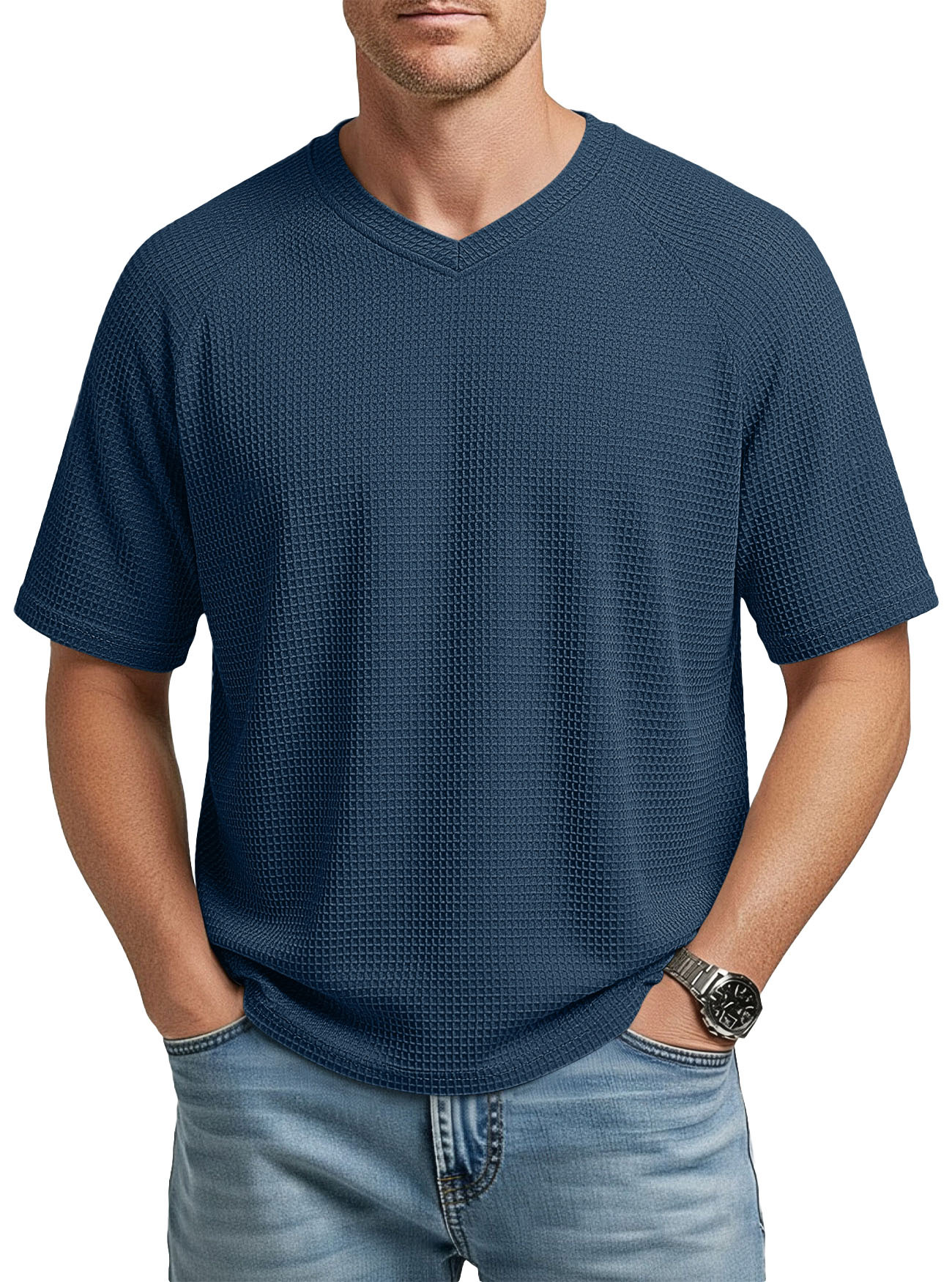 Europa y los Estados Unidos primavera y verano estación independiente transfronteriza hombre moda waffle tejido multifuncional manga de hombro cuello V camiseta de hombre de manga corta
