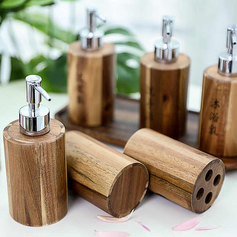 Botella dividida de madera, conjunto de botella de lavado de baño de presión, champú, desinfectante para manos, botella vacía, botella de loción portátil