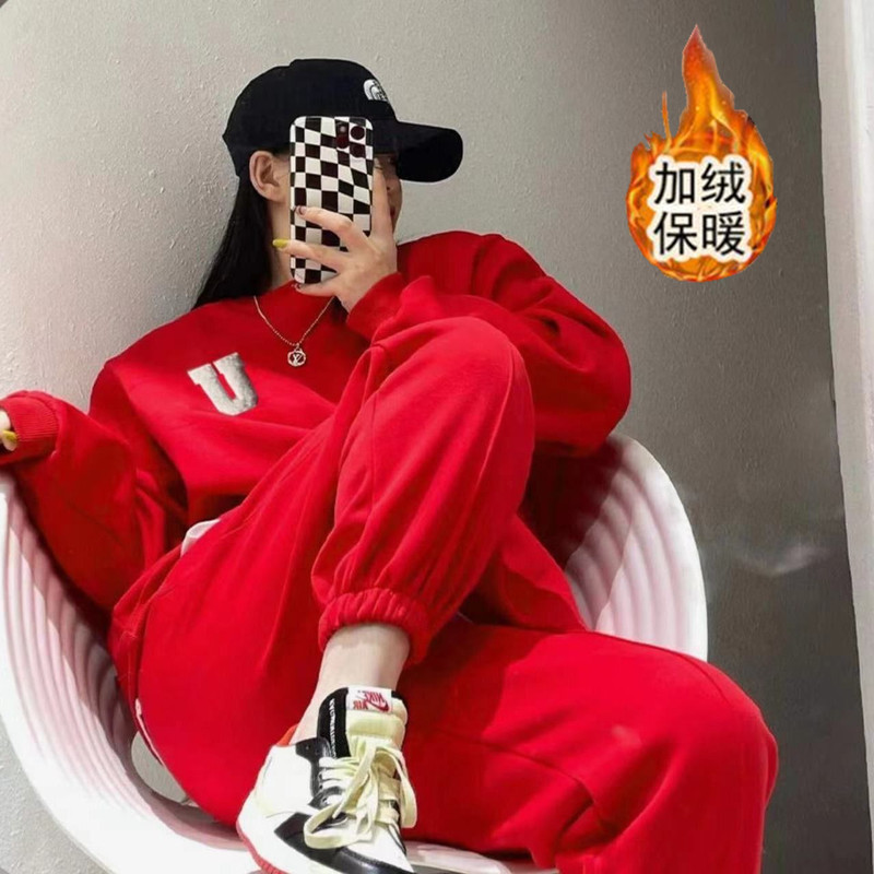 421# fleece-lined Thickened Casual Fashion Sports suit Women's Autumn and Winter New Loose Sweat Pants Two-Piece Set 421# fleece-lined Thickened Casual Fashion Sports suit Women's Autumn and Winter New Loose Sweat Pants Two-Piece Set