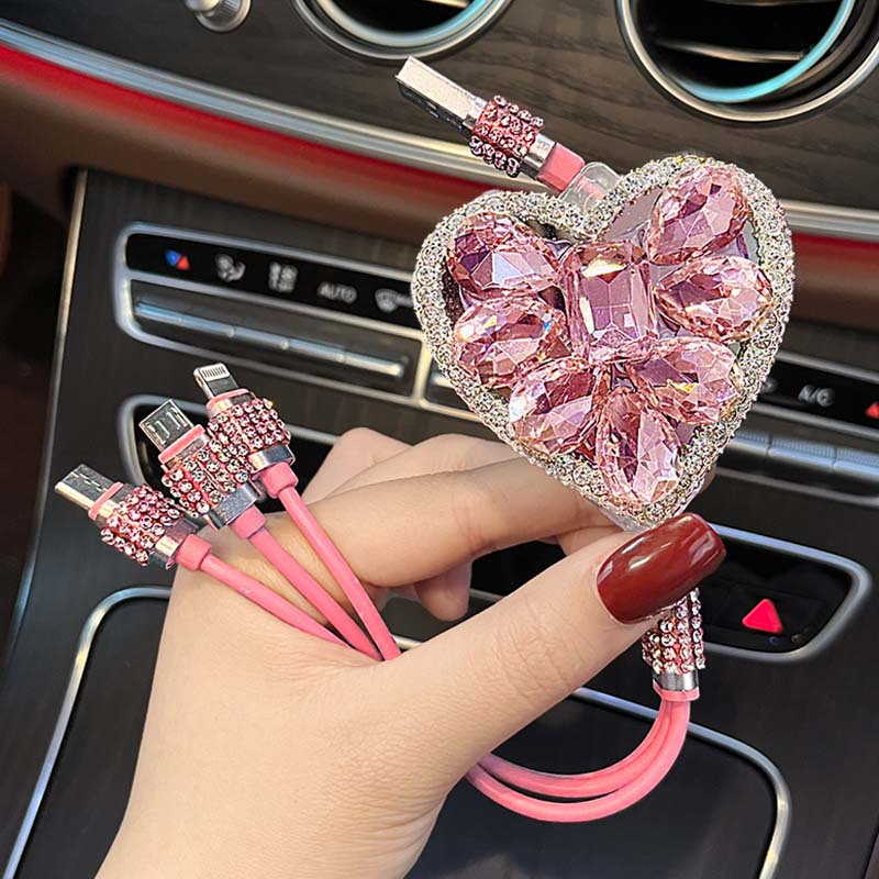 Diamond-encrusted data cable three-in-one car charging cable multifunctional retractable portable storage three-port tpyec charging