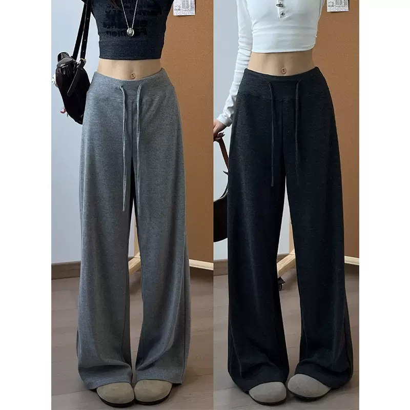 灰色高腰抽绳休闲运动裤女春秋2025新款高腰宽松显瘦小个子阔腿裤