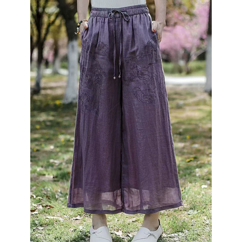 Художественные однотонные двухслойные дышащие широкие брюки с вышивкой из рами для женщин, новые летние свободные повседневные брюки с эластичной резинкой на талии.