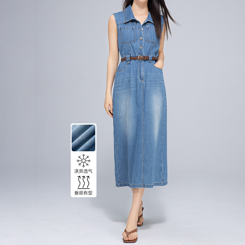 Xinge Nostalgic Retro Denim Skirt Women's Summer New Tembiless Cotton Sleeveless Mid-length Slimming dress Xinge Nostalgic Retro Denim Skirt Women's Summer New Tembiless Cotton Sleeveless Mid-length Slimming dress