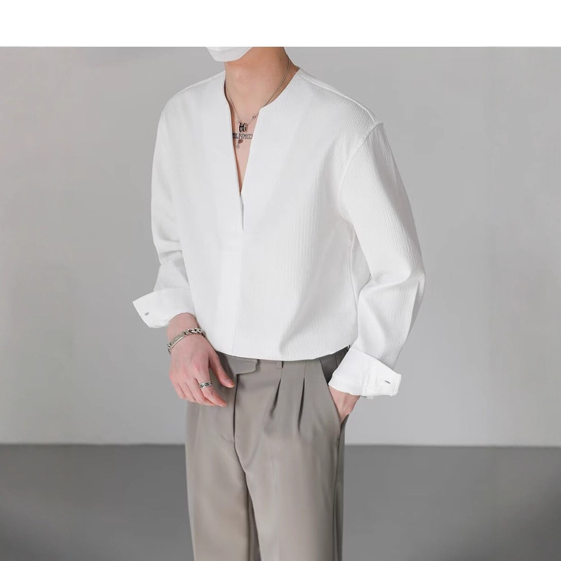 Korean Style Simple and Fashionable Men's Pure Color Long-Sleeved Shirt Spring & Fall Trendyy Stylish V Neck Pullover Casual Loose Top 9