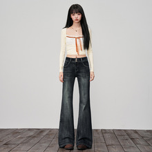 复古蓝灰色喇叭裤女双扣收腹显瘦微喇牛仔裤女秋冬款加绒马蹄裤子